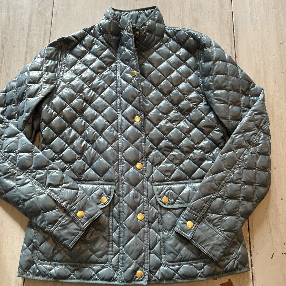 J Crew Green Shiny Quilted Downtown Field Puffer Jacket Sz S Classic Preppy